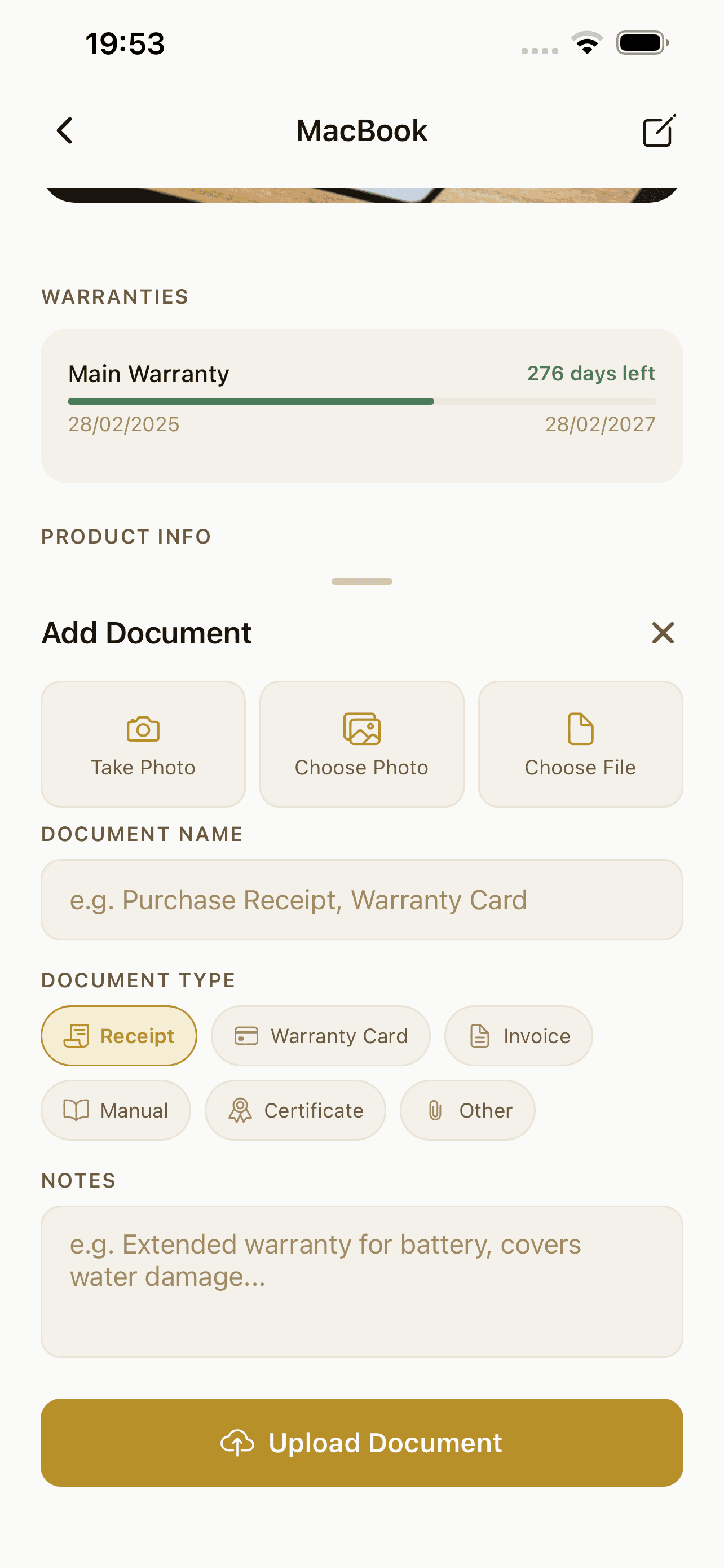 Warranty Tracker screen 2